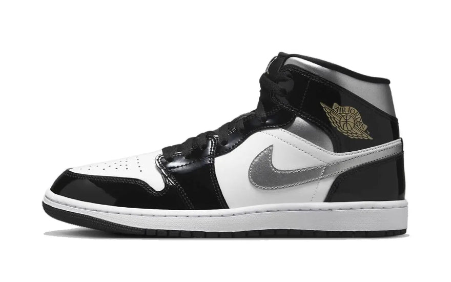Air Jordan 1 Mid SE Verniz Preto Branco Prateado Metálico Dourado Metálico — Brilho urbano e conforto essencial
