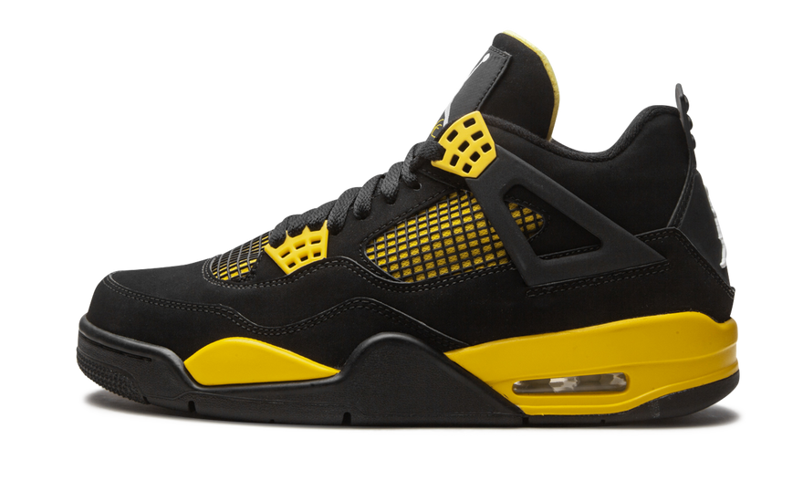 Air Jordan 4 Retro Thunder (2012) — Nobuk negro y amarillo que marca tendencia