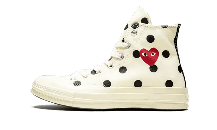 Converse Chuck Taylor All Star 70 Hi Comme des Garcons PLAY Polka Dot Branco: padrões de bolinhas, coração PLAY e estilo dos anos 70