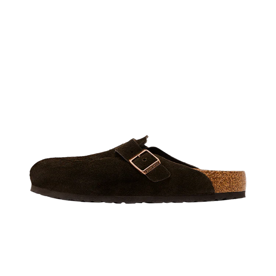 Birkenstock Boston Soft Footbed Suede Mocha — Zuecos de ante con confort ortopédico
