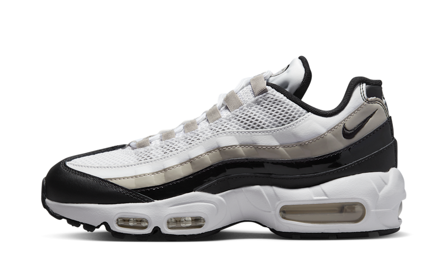 Nike Air Max 95 White Light Iron Ore Black Patent — Charol negro y amortiguación premium