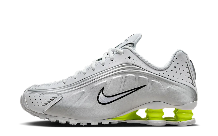 Nike Shox R4 White Metallic Silver Volt: retro-futuristic style and responsive cushioning
