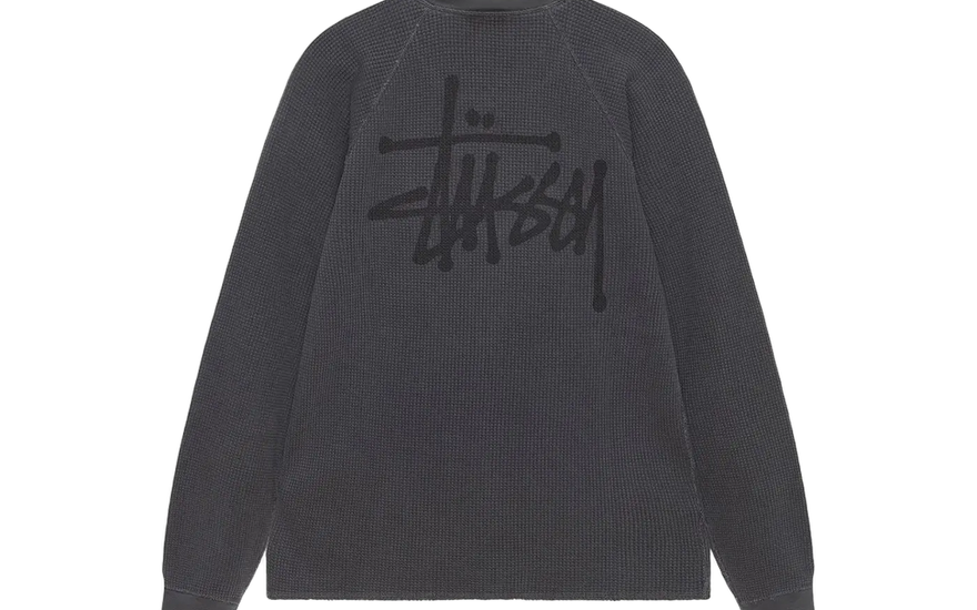 Stussy Raglan Thermal L/S Crew Washed Black — Sudadera térmica streetwear con estilo lavado