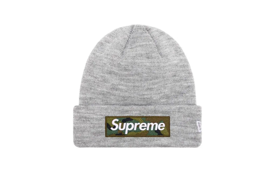Supreme New Era Box Logo Hue (FW23) Mellemgrå — den uundværlige hue