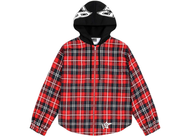 Sp5der Hooded Zip Flannel Shirt Jacket Red Plaid