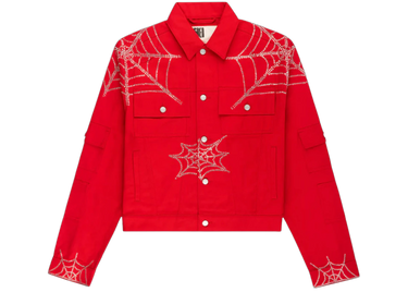 Sp5der Web Denim Cropped Trucker Jacket Red