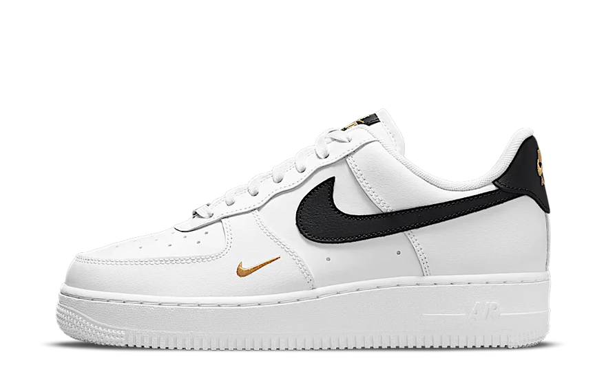 Nike Air Force 1 Low '07 Essential White Black Gold Mini Swoosh — The classic white with mini gold Swoosh