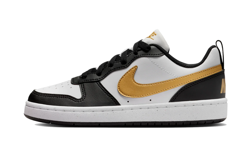 Nike Court Borough Low Recraft Black White Metallic Gold: størrelsesguide og looks med guldaccenter