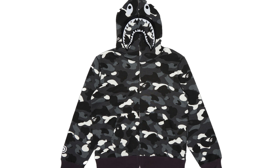 BAPE City Camo Shark Full Zip Hoodie (SS23) Black — Sudadera shark icónica para streetwear
