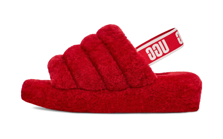 UGG Fluff Yeah Slide Ribbon Rood: pluizige slippers die je look naar een hoger niveau tillen