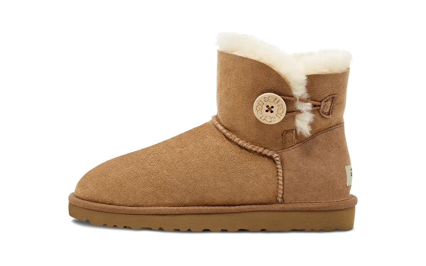 UGG Mini Bailey Button II Chestnut: de gezellige enkellaars die je look transformeert