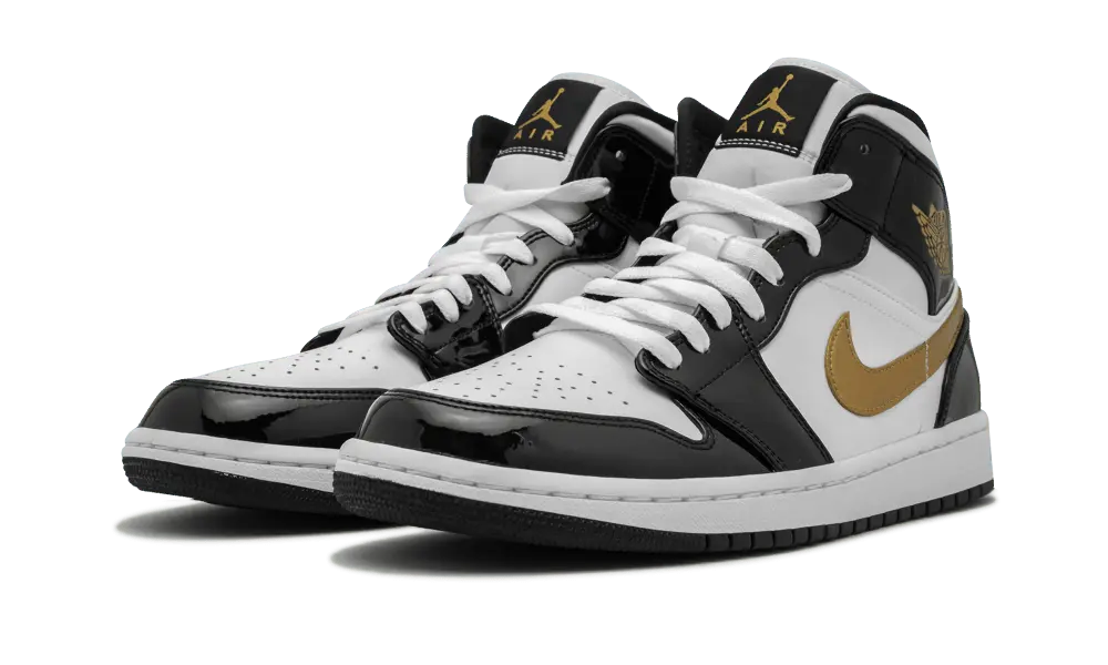 Air jordan 1 mid patent leather black gold sales